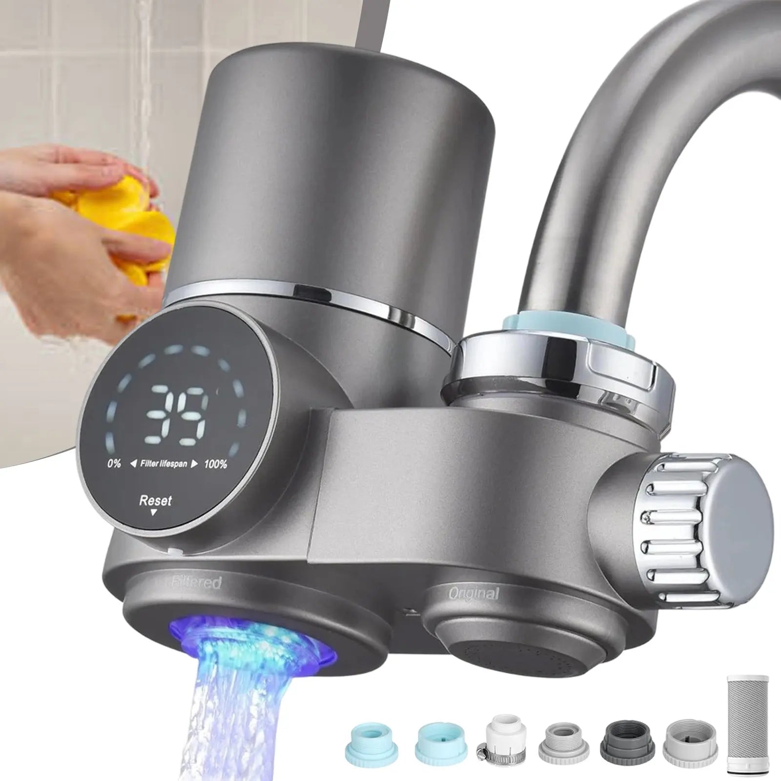 New Model Sink Faucet Water Purifier, Faucet-Mounted Water Purification System with Real-Time Filter Life Indicator, Reduces Lead, Chlorine, and Heavy Metals (Includes 1 Filter Cartridge and 13 Adapters).