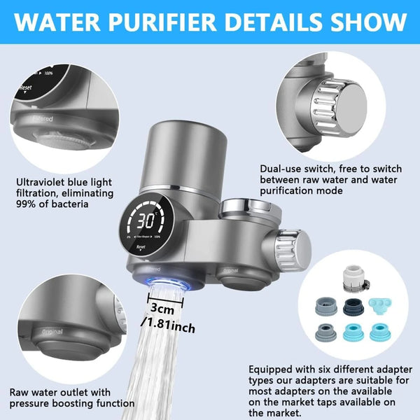 New Model Sink Faucet Water Purifier, Faucet-Mounted Water Purification System with Real-Time Filter Life Indicator, Reduces Lead, Chlorine, and Heavy Metals (Includes 1 Filter Cartridge and 13 Adapters).