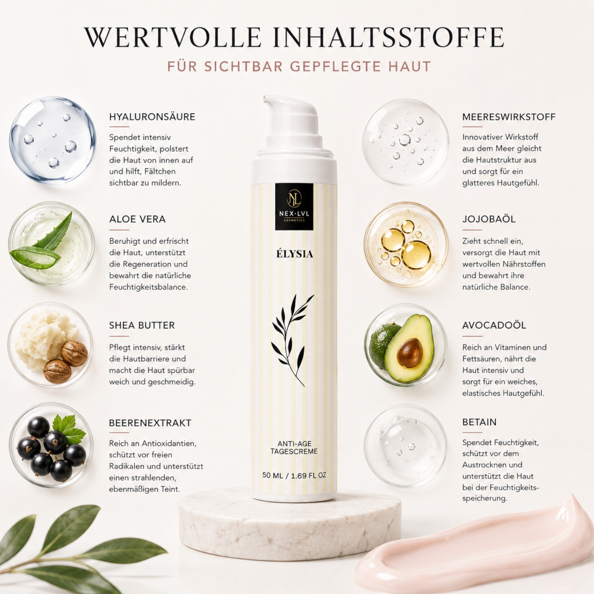 NEX-LVL ÉLYSIA Anti-Age Tagescreme in weißem Pumpspender umgeben von Illustrationen der Inhaltsstoffe auf hellem Grund