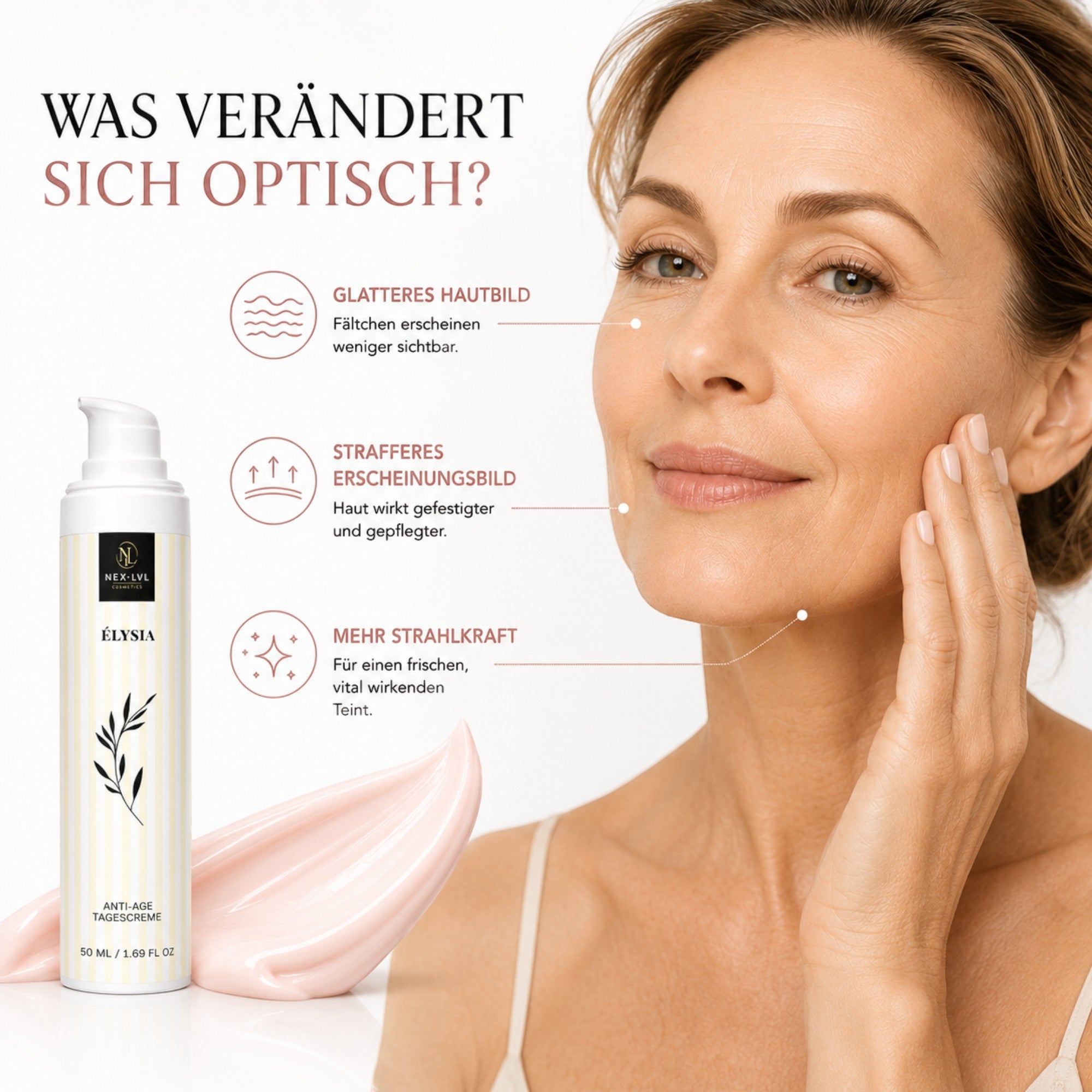 NEX-LVL ÉLYSIA Anti-Age Tagescreme neben einer Frau mit strahlender Haut und einem Klecks der cremigen Textur