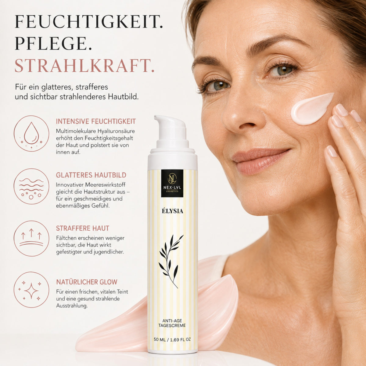 NEX-LVL ÉLYSIA Anti-Age Tagescreme mit Hyaluronsäure und Meereswirkstoffen für strahlende, straffere Haut bei einer Frau