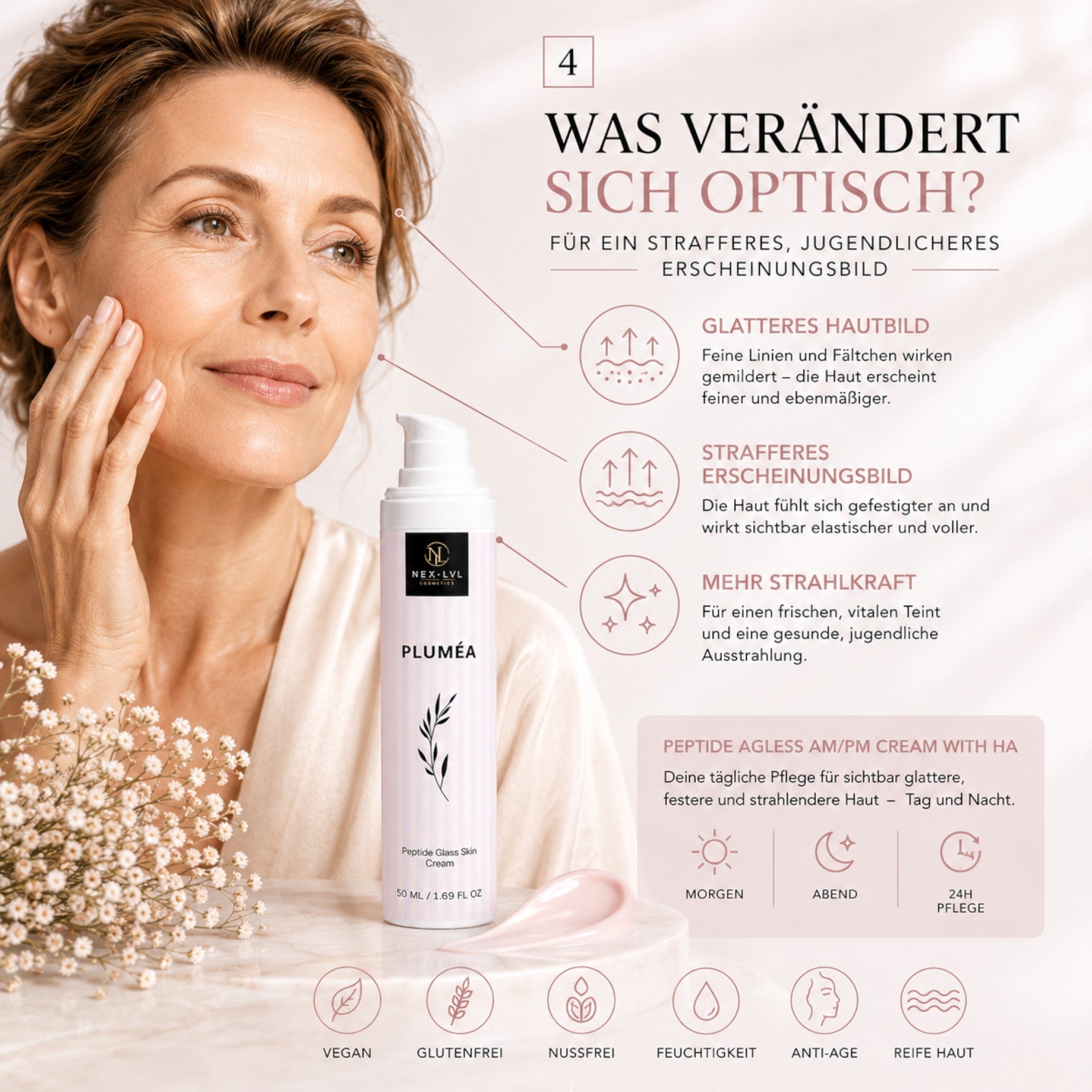 NEX-LVL PLUMÉA Peptide Glass Skin Cream in weißer Flasche neben einer Frau mit strahlendem, jugendlichem Teint.