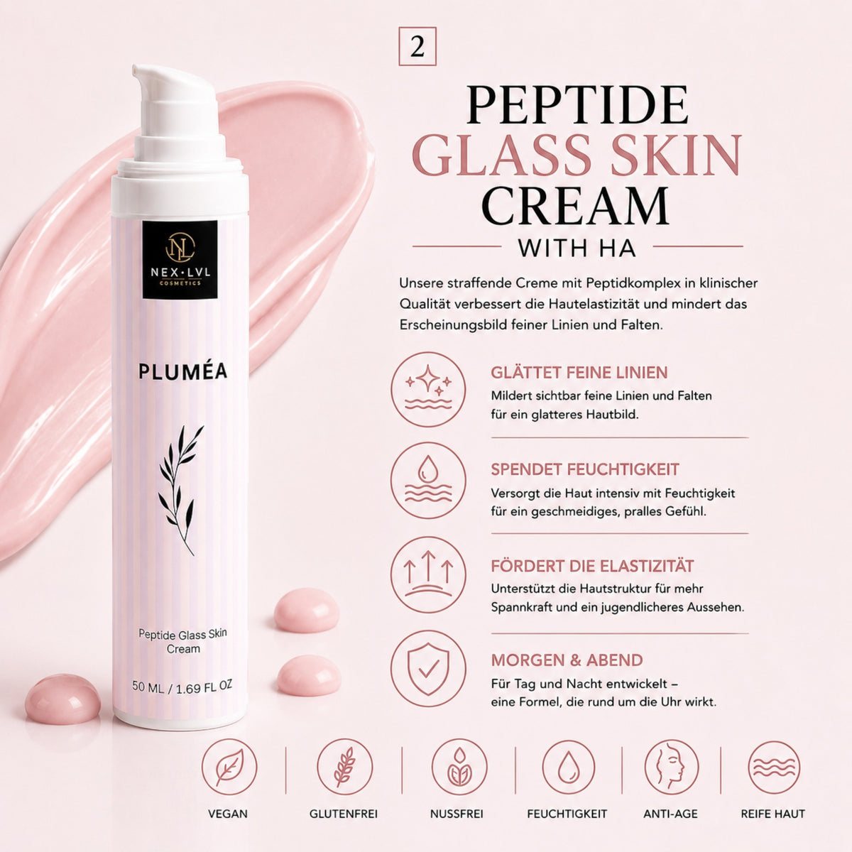 NEX-LVL PLUMÉA Peptide Glass Skin Cream in weißer Pumpflasche mit rosa Streifen, umgeben von cremiger Textur.