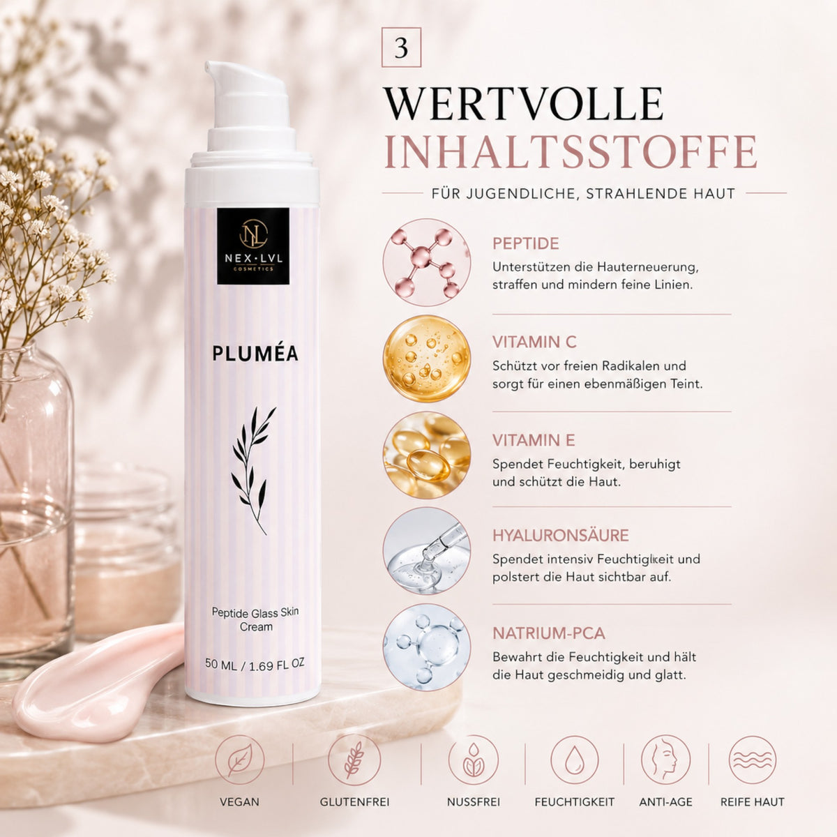 NEX-LVL PLUMÉA Peptide Glass Skin Cream in weißer Flasche mit Inhaltsstoff-Infografik für strahlende Haut.