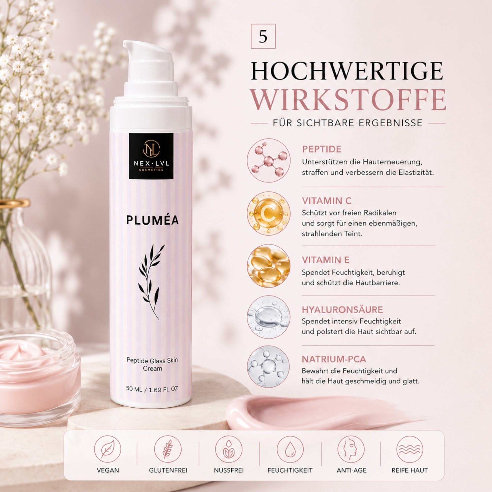 NEX-LVL PLUMÉA Peptide Glass Skin Cream in weißem Pumpspender mit Inhaltsstoff-Infografik und rosa Creme-Textur.